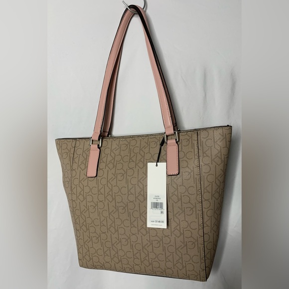 NWT Calvin Klein Monogram Tan Purse Shoulder Bag Pink Straps Gold Hardware